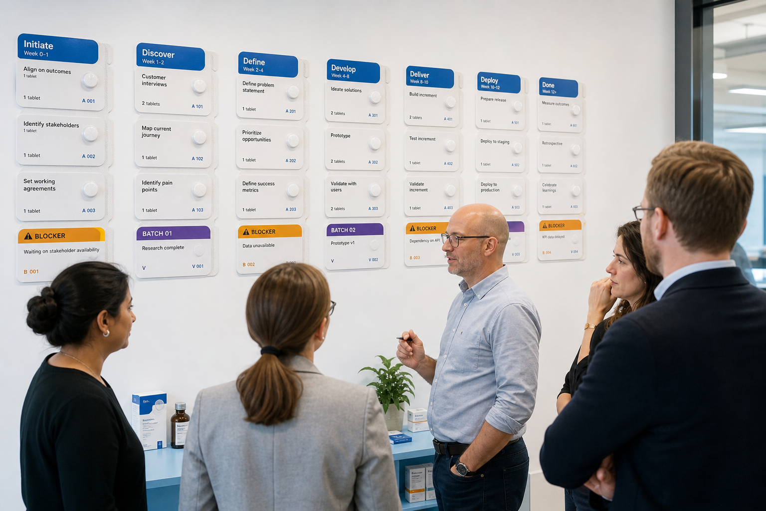 Agile consulting board arranged as dosage strip panels