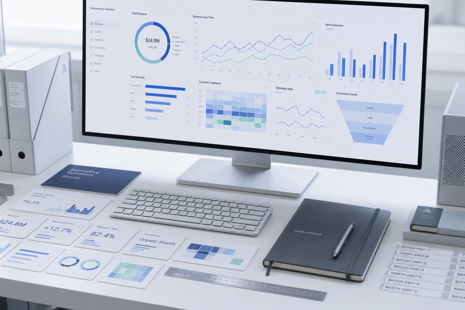 Business intelligence consulting workspace with analytics cards