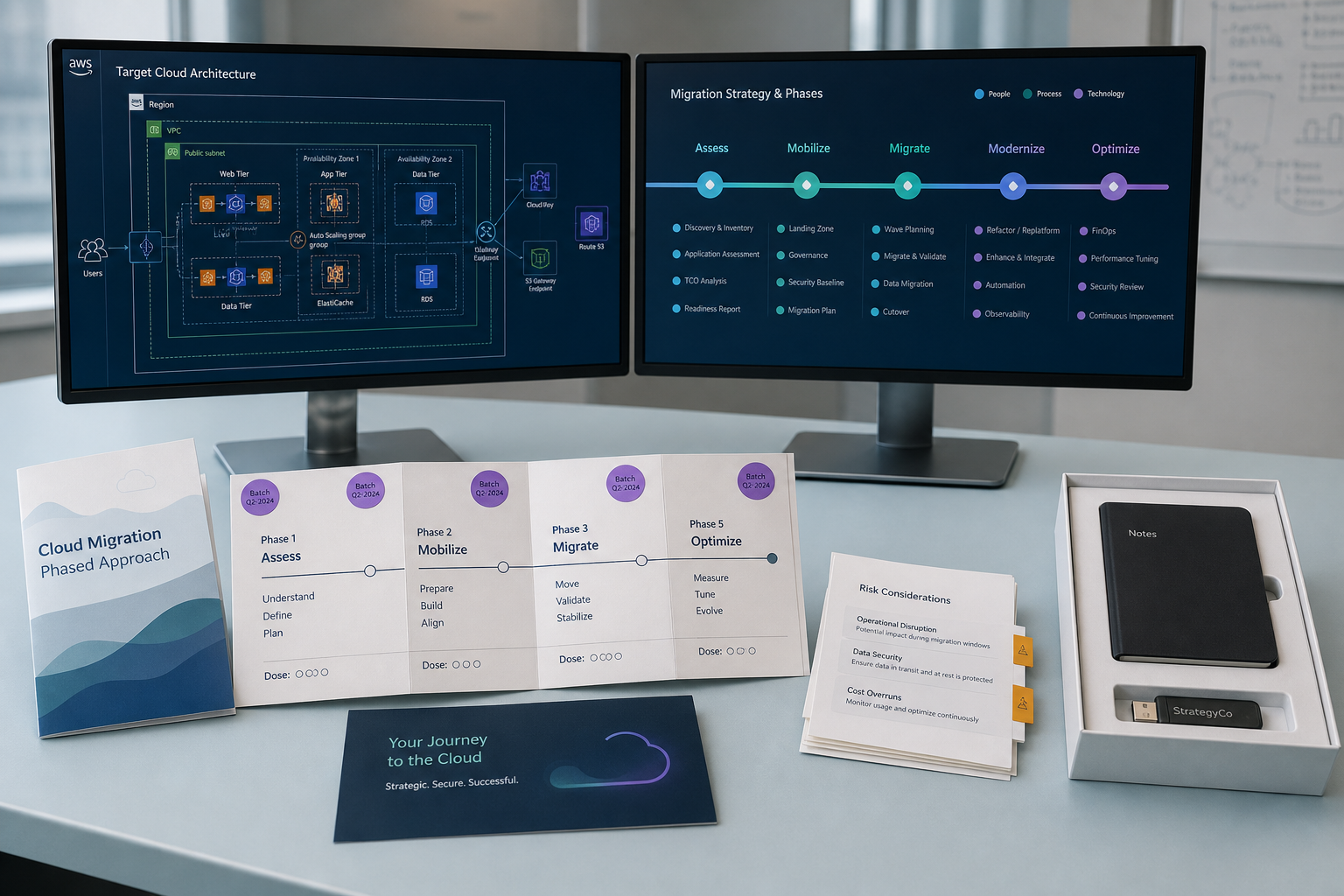 Cloud migration strategy materials on a consulting desk