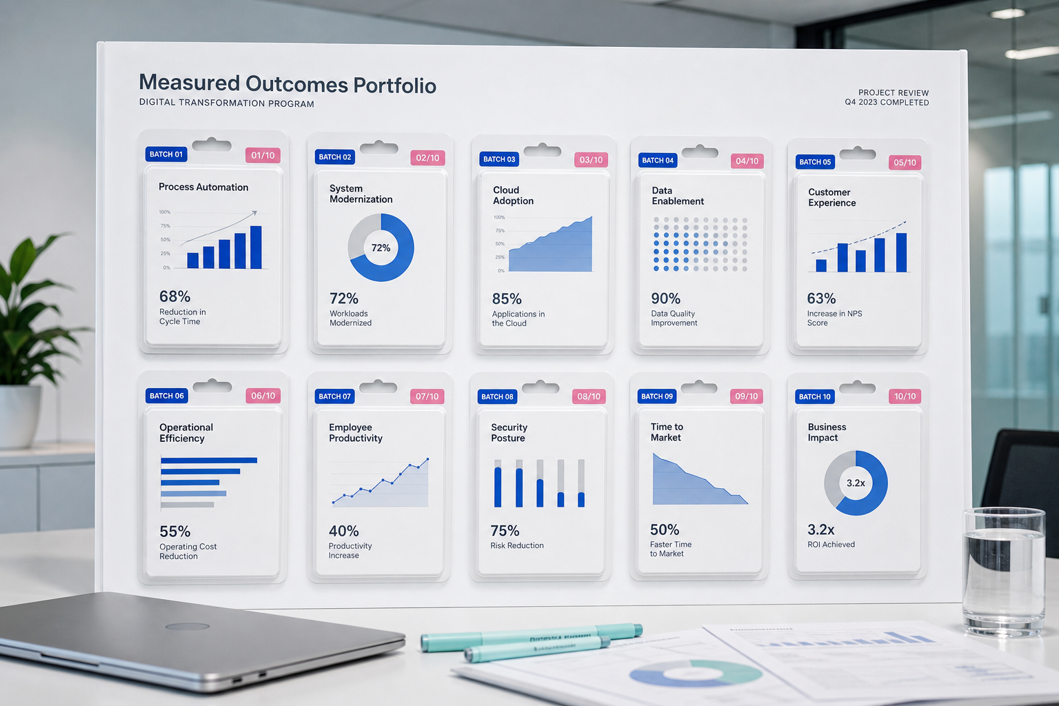 Measured outcome review board for a digital transformation engagement